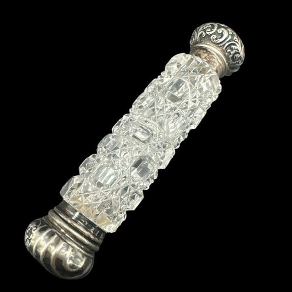 Antique 1800s Sterling Silver Crystal Glass Scent Bottle Flask Victorian